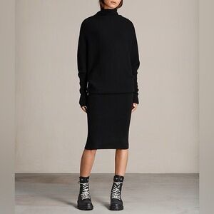 Allsaints Ridley Wool Cashmere Cowl Neck Dress Gray Black Rib Knit Sweater Large
